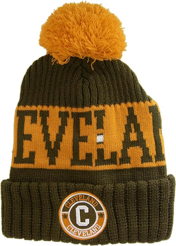 Cleveland City Name Three Stripe Circular Patch Pom Beanie Winter Hat (Brown/Orange)