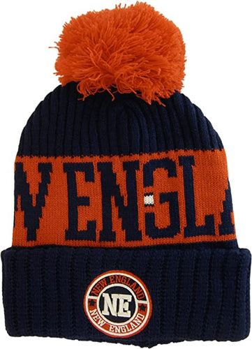 New England Three Stripe Circular Patch Pom Beanie Winter Hat (Dark Blue/Red)