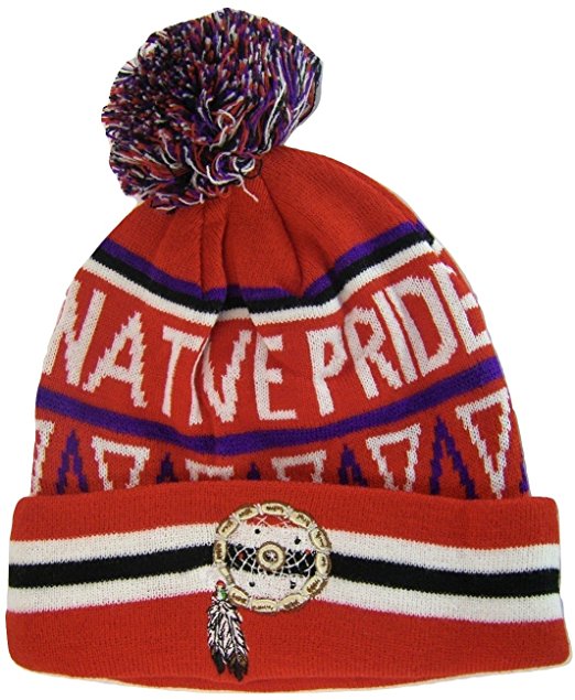 Native Pride Dream Catcher Cuffed Knit Winter Hat Pom Beanie (Red)