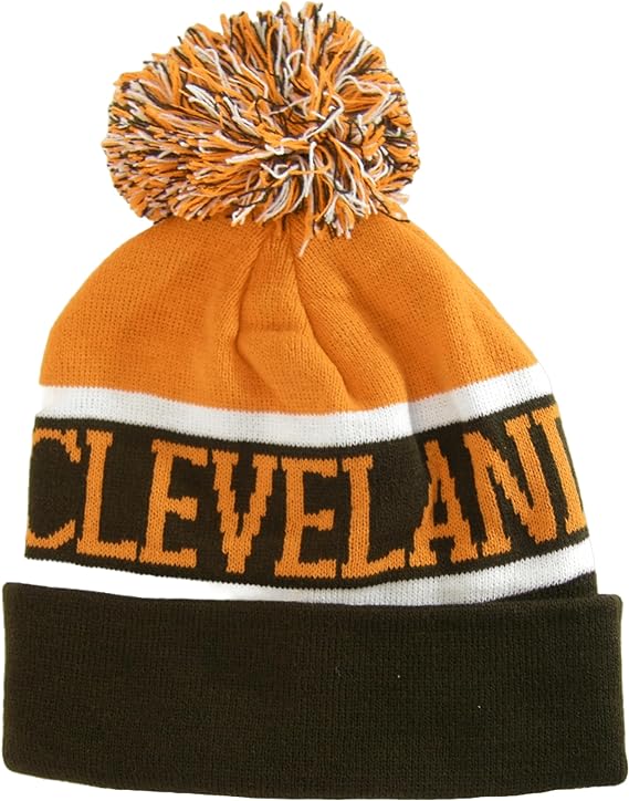 Cleveland City Name Wide Stripe Winter Knit Pom Beanie Hat (Orange/Brown)