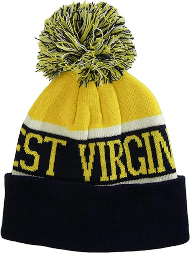 West Virginia Wide Stripe Winter Knit Pom Beanie Hat (Gold/Dark Blue)