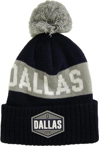 Dallas City Name Winter Knit 3D Rubber Patch Pom Beanie Hat (Navy/Gray)