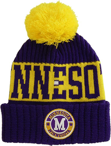 Minnesota Three Stripe Circular Patch Pom Beanie Winter Hat (Purple/Gold)