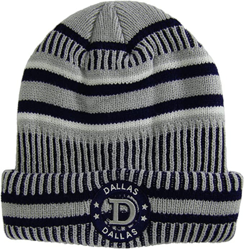 Dallas City Name Knitted Plush Lined Varsity Cuffed Hat with Seal (Gray/Navy)