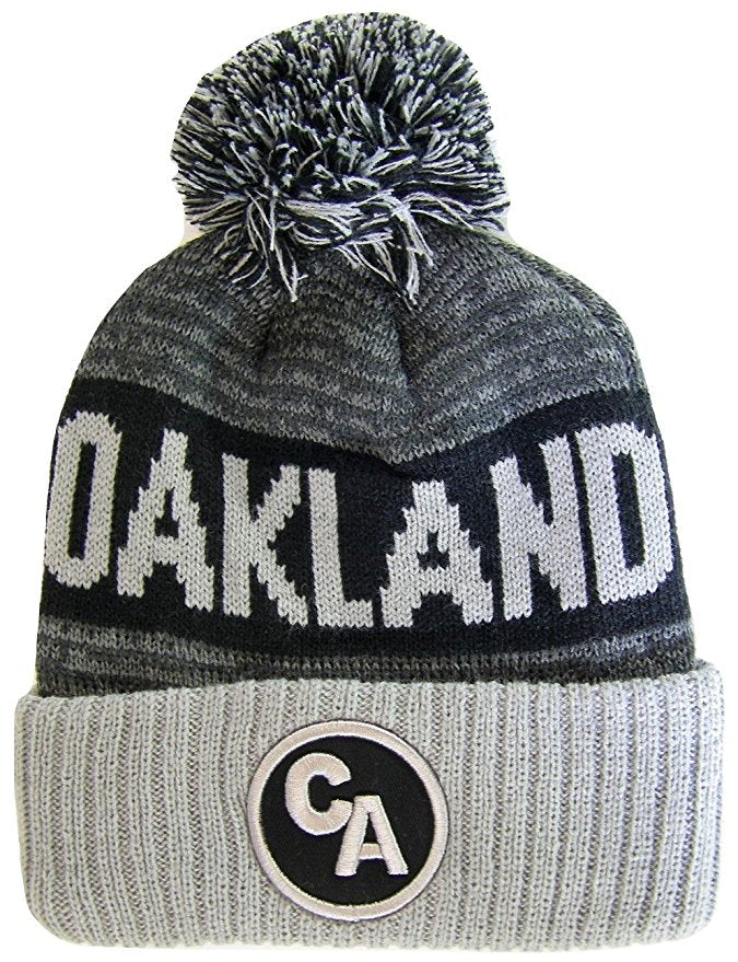 Oakland CA Patch Ribbed Cuff Knit Winter Hat Pom Beanie (Black/Gray Patch)