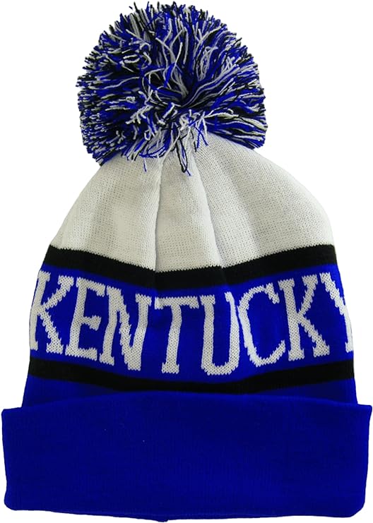 Kentucky Wide Stripe Winter Knit Pom Beanie Hat (White/Royal Blue)