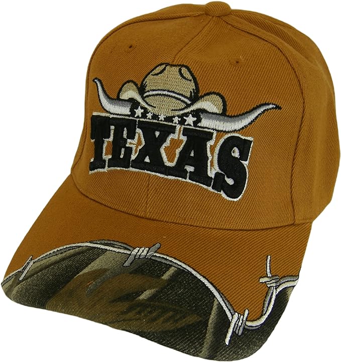 Texas Longhorn Cowboy Hat Barbed Wire Adult Size Adjustable Baseball Cap (Dark Orange)