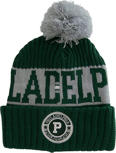 Philadelphia City Name Three Stripe Circular Patch Pom Beanie Winter Hat (Green/White)