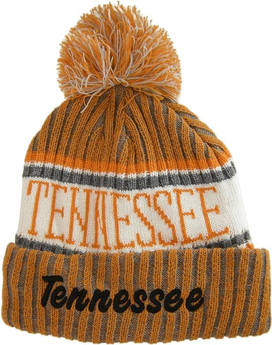 Tennessee Plush Lined Embroidered Winter Knit Pom Beanie Hat (Orange/Gray/Black)