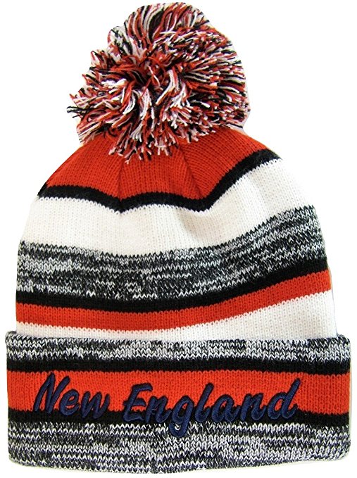 New England 4-Color Embroidered Adult Size Thick Winter Knit Pom Beanie Hat (Navy Script)