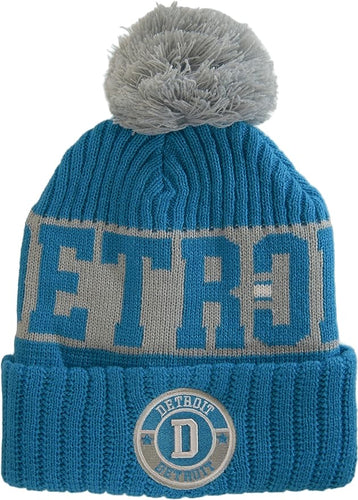 Detroit City Name Three Stripe Circular Patch Pom Beanie Winter Hat (Powder Blue/Light Gray)