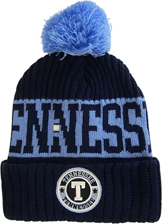 Tennessee Three Stripe Circular Patch Pom Beanie Winter Hat (Dark Blue/Light Blue)