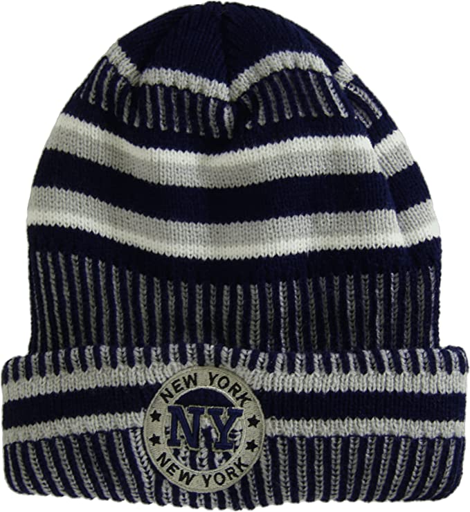 New York City Knitted Plush Lined Varsity Cuffed Hat with Seal (Navy/Gray)