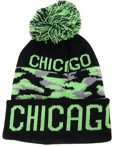 Chicago Adult Size Winter Knit Beanie Hats (Green/Gray Camouflage)