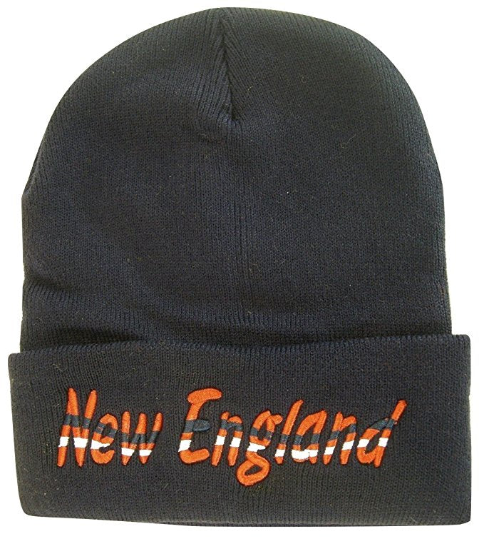 New England Adult Size Wavy Script Winter Knit Beanie Hat (Navy)