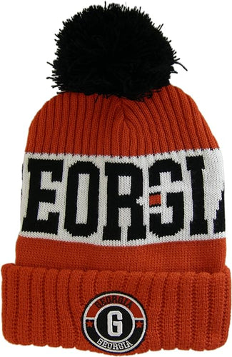 Georgia Three Stripe Circular Patch Pom Beanie Winter Hat (Red/Black)