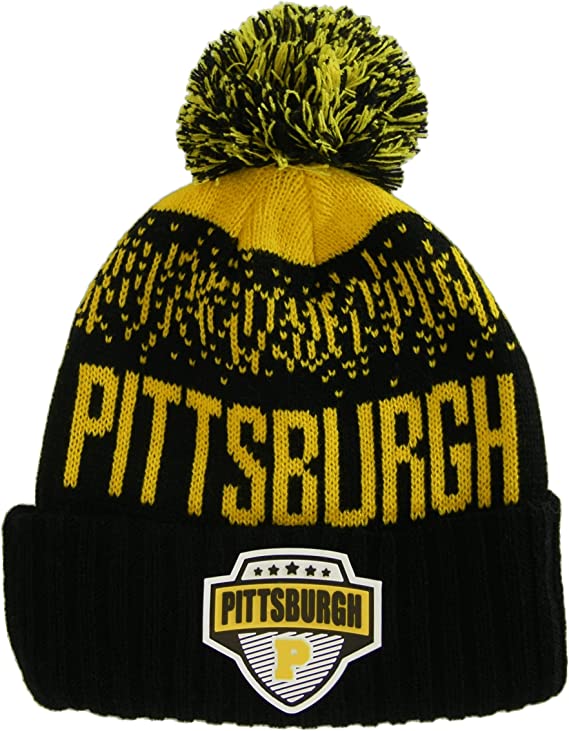 Pittsburgh City Name Rubber Patch Ribbed Winter Knit Pom Beanie (Black/Gold)