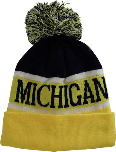 Michigan Wide Stripe Winter Knit Pom Beanie Hat (Dark Blue/Gold)