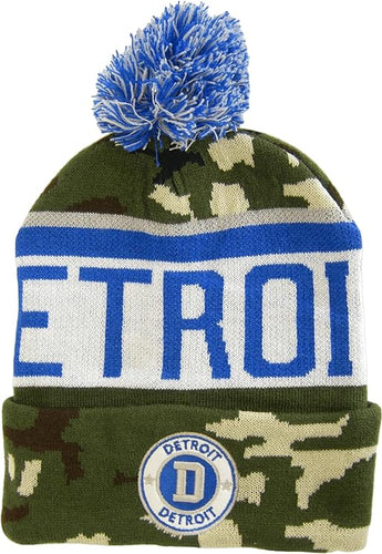 Detroit City Name Three Stripe Circular Patch Pom Beanie Winter Hat (Camo/Teal)