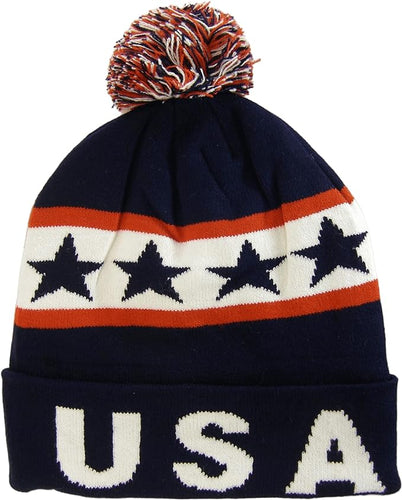 USA Patriotic Adult Size Plush Lined Winter Knit Pom Beanie Hat (Navy Blue)