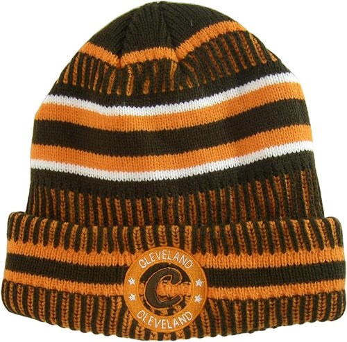 Cleveland Knitted Plush Lined Varsity Cuffed Winter Hat with Seal (Brown/Orange)