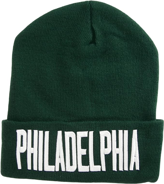 Philadelphia City Name Adult Size Winter Knit Cuffed Beanie Hat (Dark Green/White)