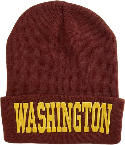 Washington City Name Adult Size Winter Knit Cuffed Beanie Hat (Burgundy/Gold)