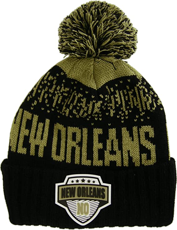 New Orleans City Name Rubber Patch Ribbed Winter Knit Pom Beanie (Khaki/Black)