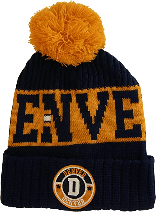 Denver City Name Three Stripe Circular Patch Pom Beanie Winter Hat (Dark Blue/Orange)