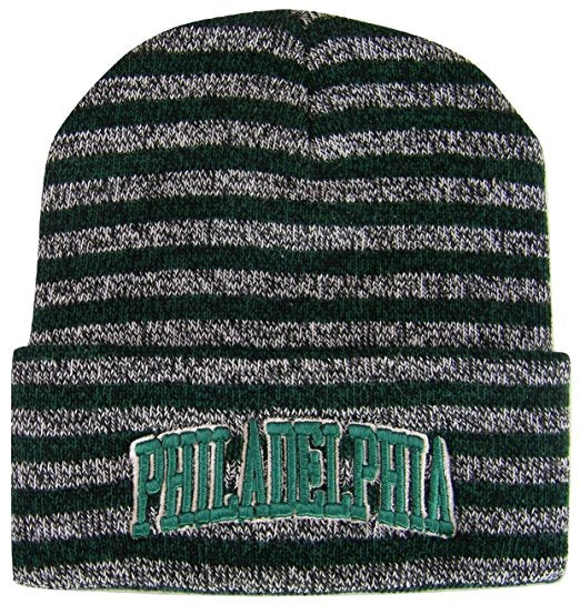 Philadelphia Embroidered Blended Folded Striped Beanie Winter Hat (Green/Gray)