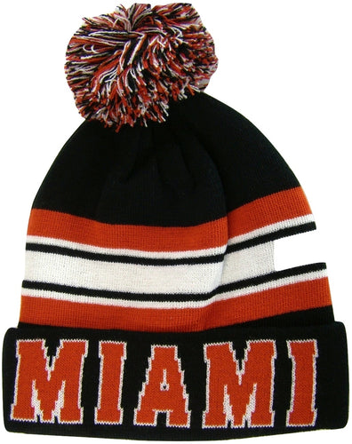 Miami Adult Size Winter Knit Beanie Hats (Black/Red Large Letters)