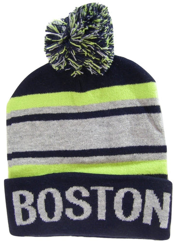 Boston Adult Size Winter Knit Beanie Hats (Navy/Green/Gray)