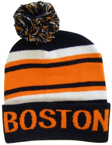 Boston Adult Size Winter Knit Beanie Hats (Navy/Orange)