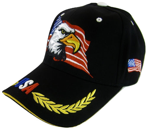 USA Men's Patriotic Eagle Adjustable Baseball Cap (RWB Piping Black)