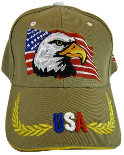 USA Men's Patriotic Eagle Adjustable Baseball Cap (Side Flag Khaki)