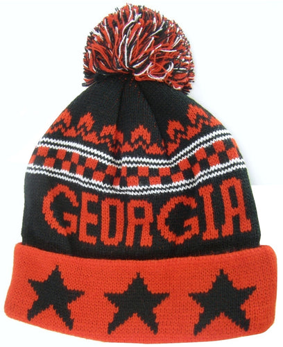 Georgia Adult Size Winter Knit Beanie Hats (Red/Black Stars)