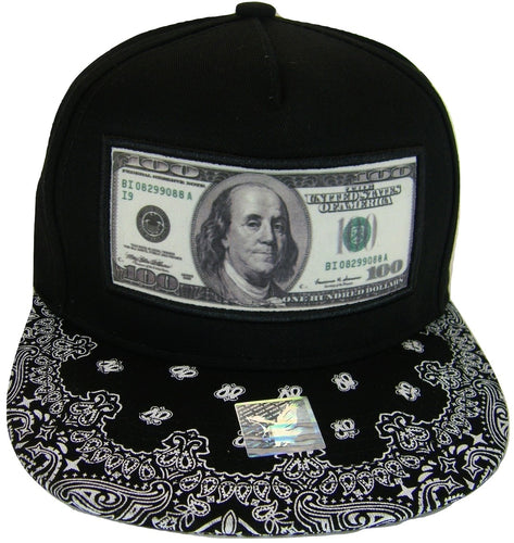 $100 Dollar Bill Ben Franklin Cotton Adjustable Snapback Baseball Cap (Black Bandana)