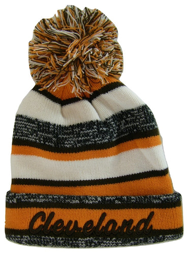 Cleveland 4-Color Embroidered Adult Size Thick Winter Knit Pom Beanie Hat (Brown Script)