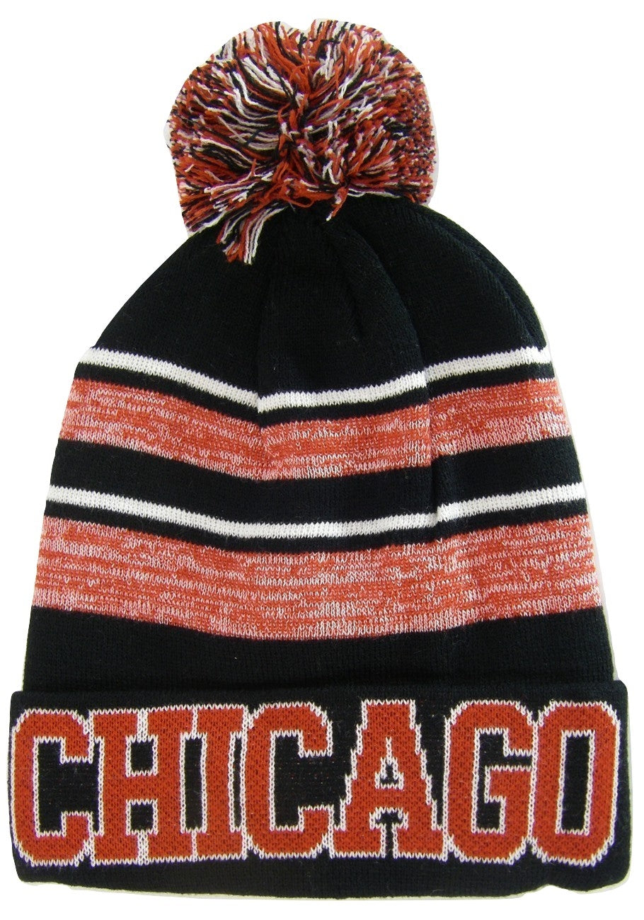 Chicago Men's Blended Stripe Winter Knit Pom Beanie Hat (Black/Red)