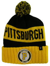 Pittsburgh P Patch Ribbed Cuff Knit Winter Hat Pom Beanie (Gold/Black Patch)