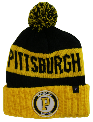 Pittsburgh P Patch Ribbed Cuff Knit Winter Hat Pom Beanie (Gold/Black Patch)