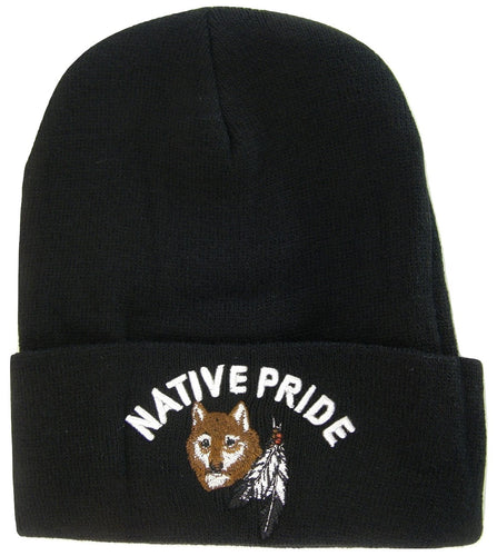 Native Pride Cuffed Knit Black Winter Hat Beanie (Wolf)