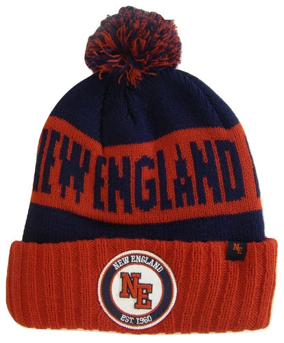 New England NE Patch Ribbed Cuff Knit Winter Hat Pom Beanie (Red/Navy Patch)