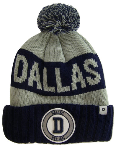 Dallas Texas Star & D Patch Ribbed Cuff Knit Winter Pom Beanie (D Navy/Gray Patch)