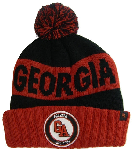 Georgia Adult Size Striped Winter Knit Beanie Hats (Black/Red)