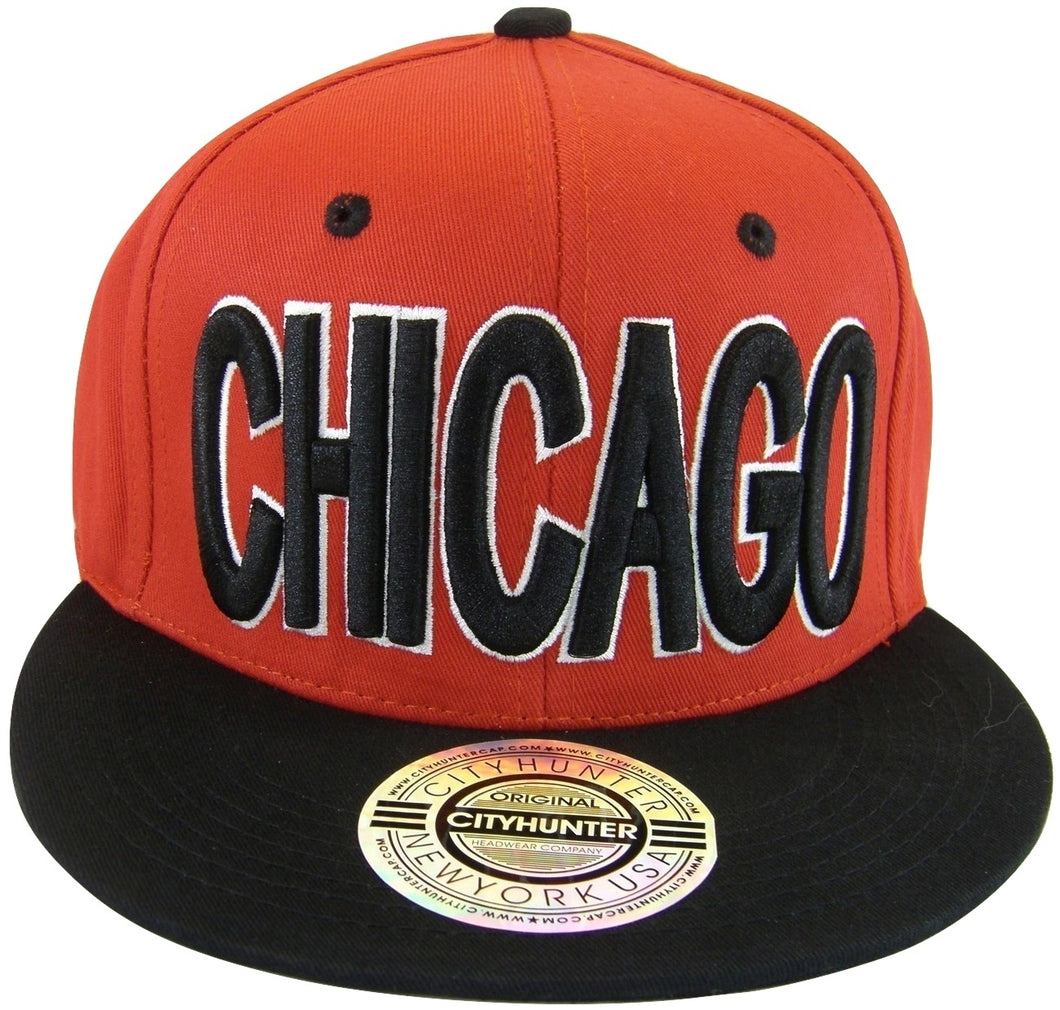 City Hunter Chicago Script Men's Adjustable Snapback Baseball Caps (Red/Black Bold)