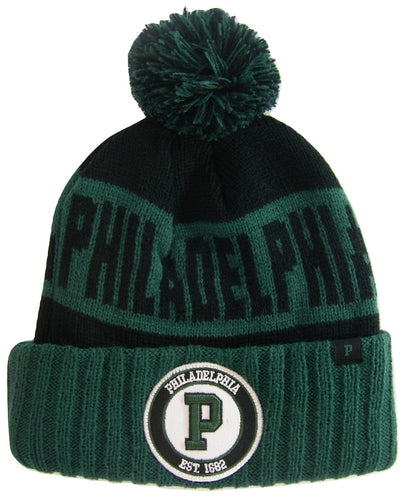 Philadelphia P Patch Ribbed Cuff Knit Winter Hat Pom Beanie (Green/Black Patch)