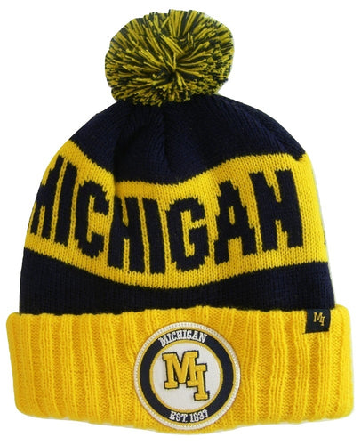 Michigan M Patch Ribbed Cuff Knit Winter Hat Pom Beanie (Gold/Navy Patch)