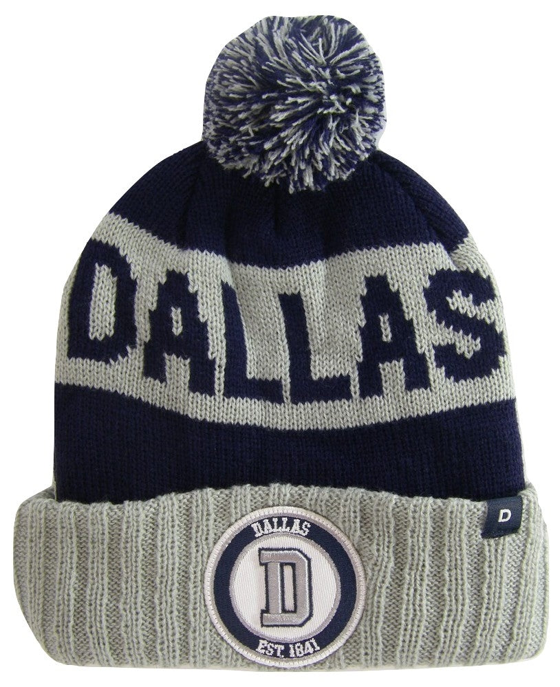 Dallas Texas Star & D Patch Ribbed Cuff Knit Winter Pom Beanie (D Gray/Navy Patch)