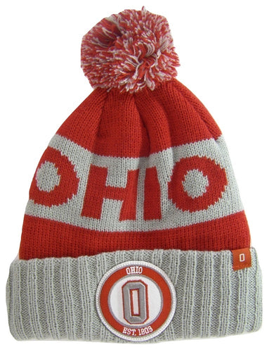 Ohio OH Patch Ribbed Cuff Knit Winter Hat Pom Beanie (Gray/Red Patch)